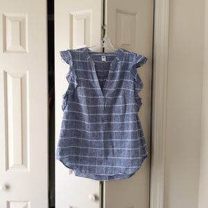 Blue Chambray Plaid Flutter Sleeve V Neck Shirt